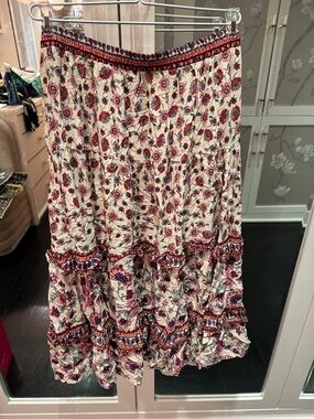 Tiered Floral Maxi Skirt - Cream with Red & Pink Floral Print